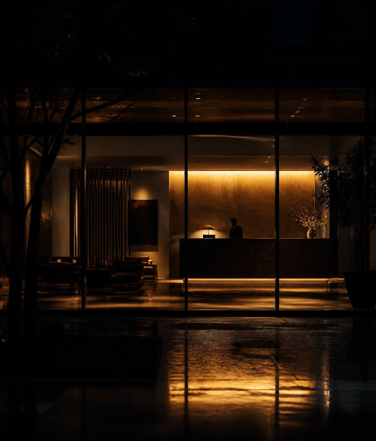 Boutique hotel reception lit at night, seen through a glass facade