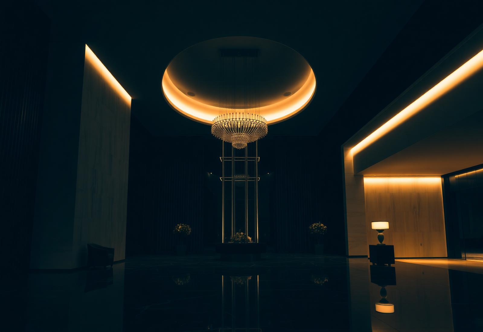 Dimly lit modern hotel lobby at night