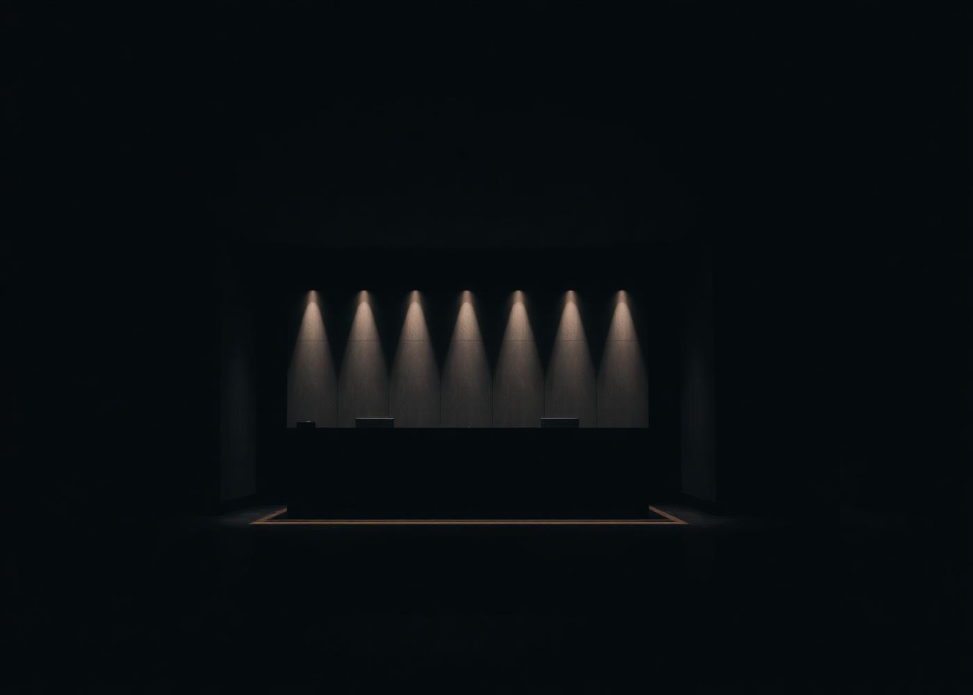 Empty hotel reception desk lit at night